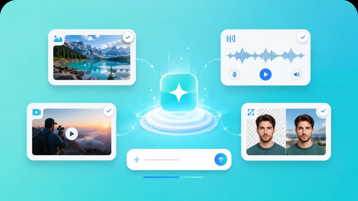 An AI generator producing an image, a voiceover waveform, a video, and a background-removed portrait, driven by a single prompt bar.
