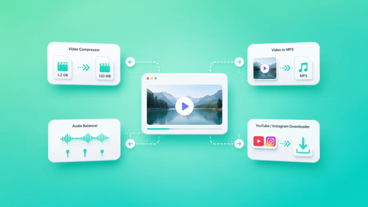 Four free utilities around a video player: Video Compressor shrinking 1.2GB to 120MB, Video to MP3, Audio Balancer, and YouTube/Instagram Downloader.