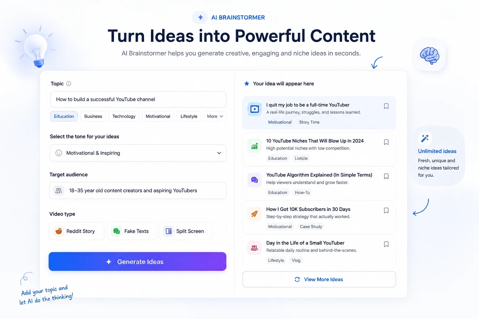 A topic, tone, audience, and video-type form generating a list of content ideas like video titles, hooks, and tags.