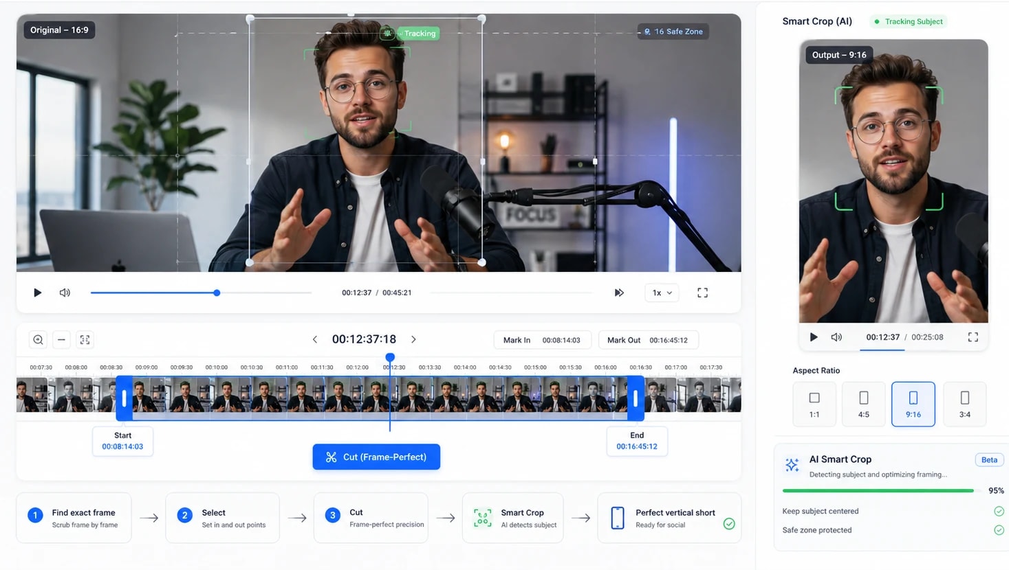 A 16:9 video with a subject-tracked crop region marked out, previewed alongside its AI-smart-cropped 9:16 output, with a frame-perfect cut timeline below.