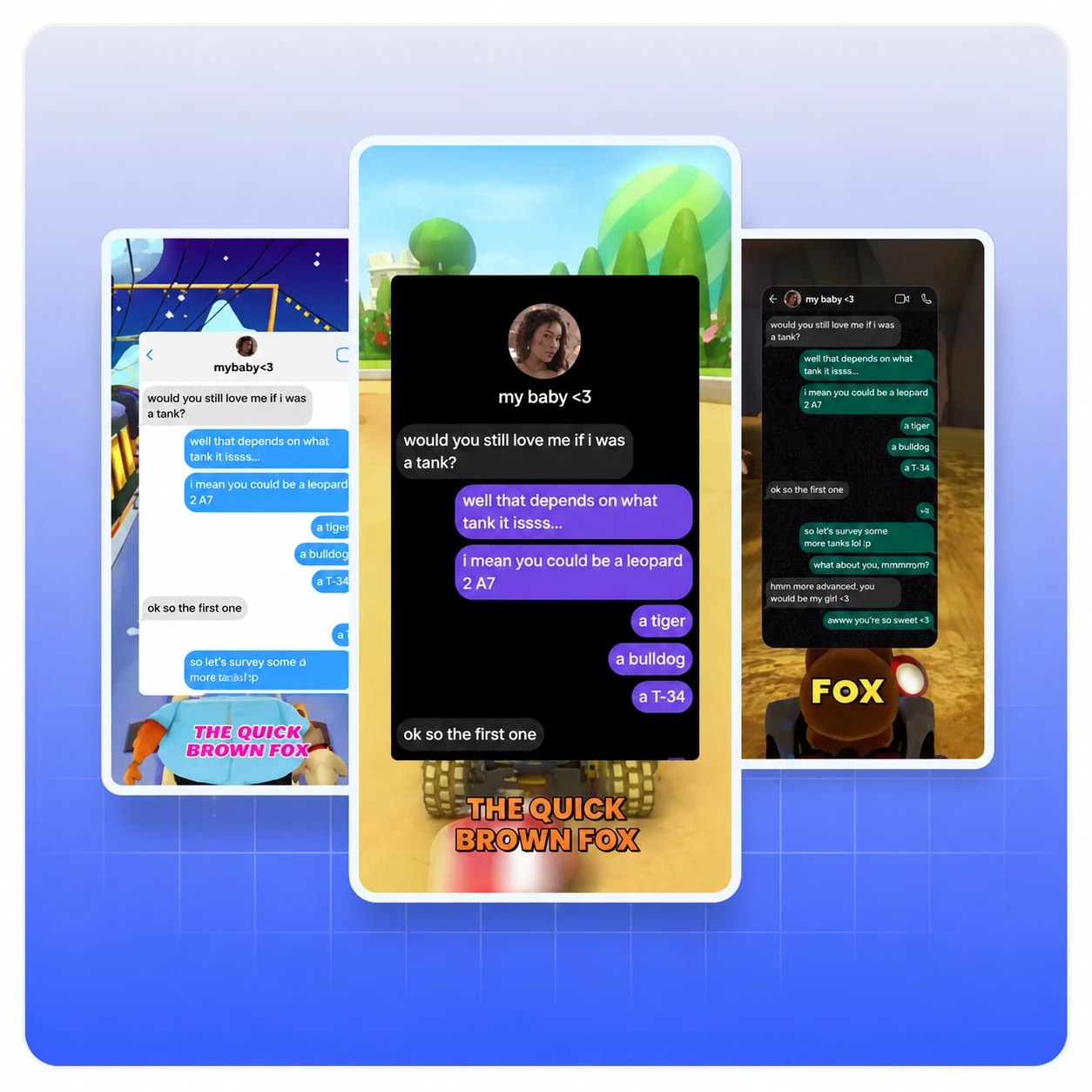 Three fake text-message conversation videos, each styled over a different background: a snowy game scene, a park scene, and a dark chat wallpaper, all captioned.
