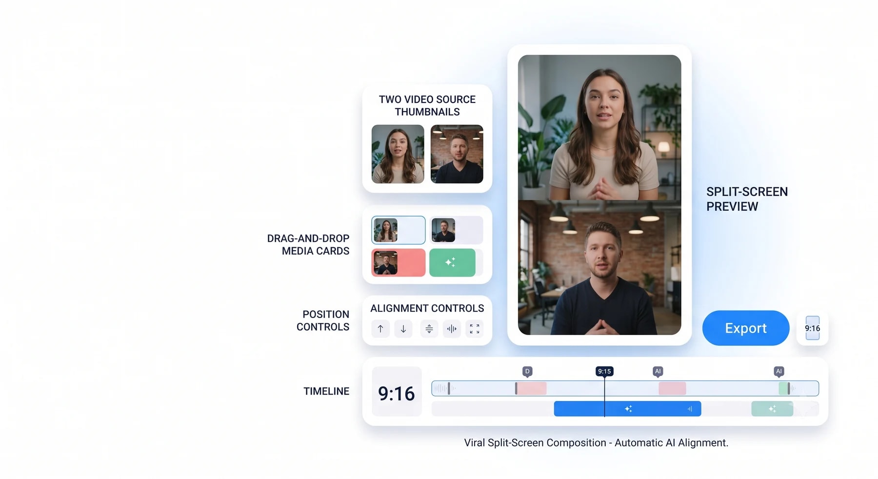 Split-screen editor with two video source thumbnails, drag-and-drop media cards, alignment controls, a stacked vertical preview of two speakers, and an export timeline.