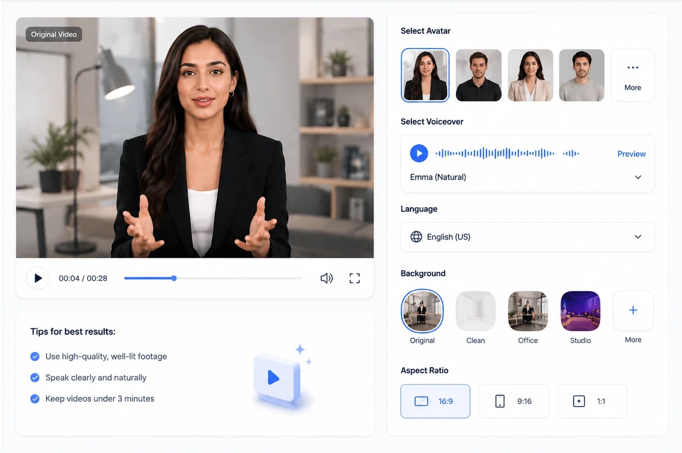 An original video next to avatar, voiceover, language, background, and aspect ratio pickers for generating an AI creator video.