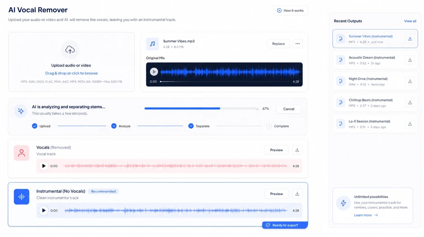 An uploaded audio track being separated by AI into a removed vocal track and a clean instrumental track, ready to export.