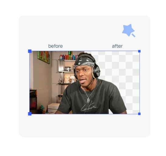 A video frame split into before and after, with the background removed on the right side down to a transparent checkerboard.